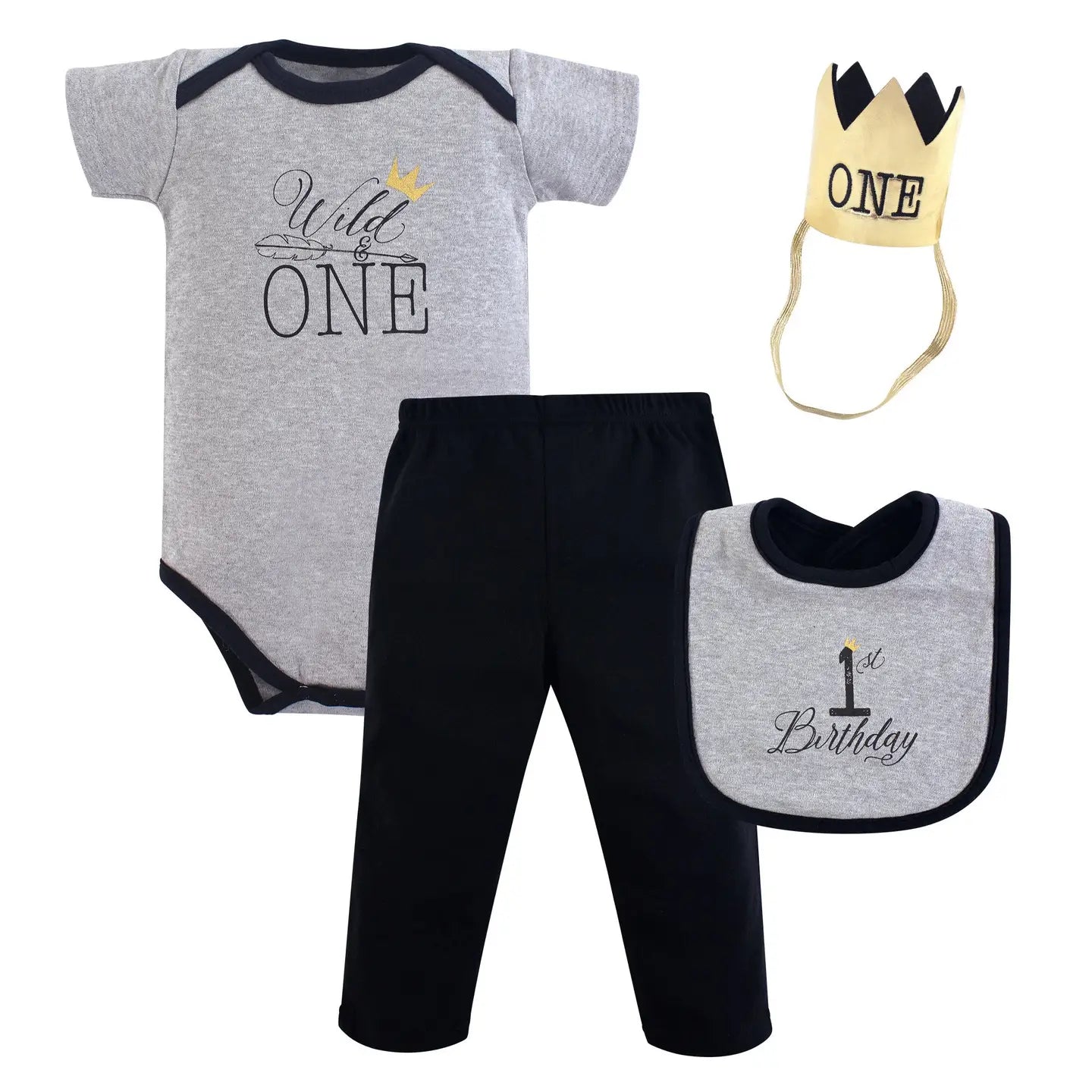 Grey Onesie, black cotton pants, bib and head accessory