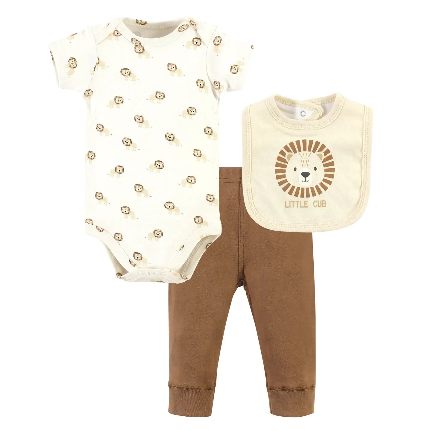 Printed Onesie, Brown Cotton Pants and Little Lion Bib