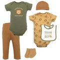 Green and Print Onesie, Brown Cotton Pants, Bib, Beanie and Socks