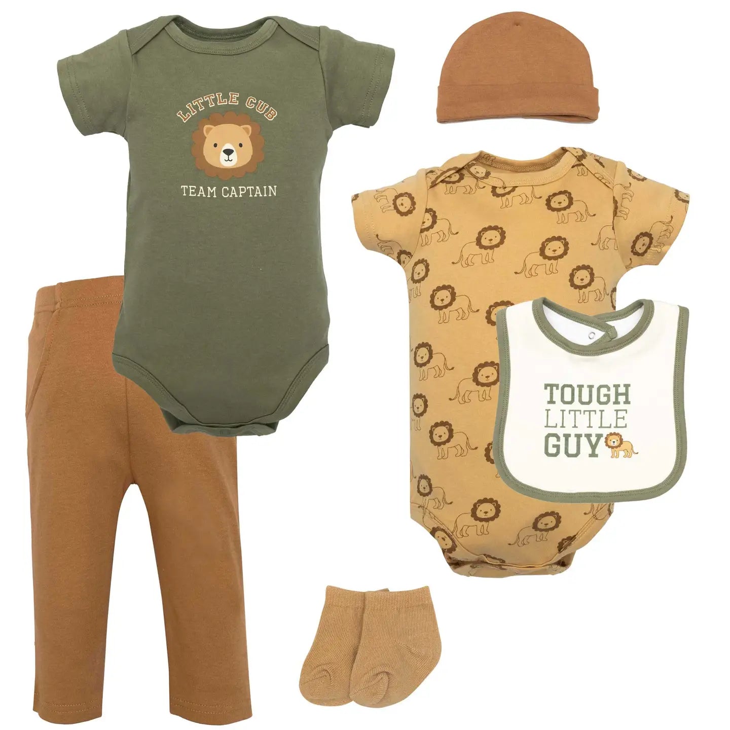 Green and Print Onesie, Brown Cotton Pants, Bib, Beanie and Socks