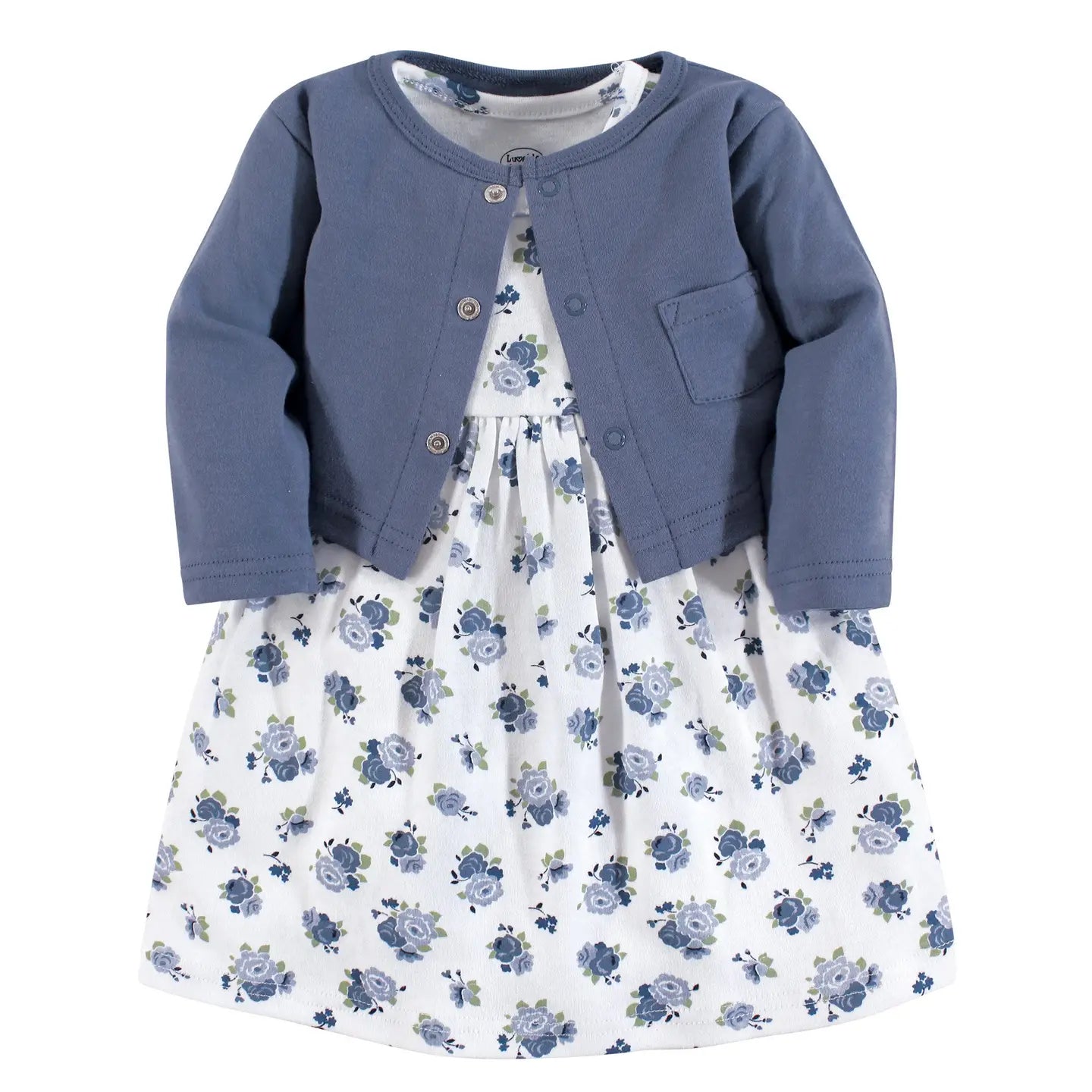 Floral Print Baby Dress with Blue Cardigan