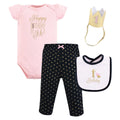 Pink Onesie, black cotton pants, bib and head accessory