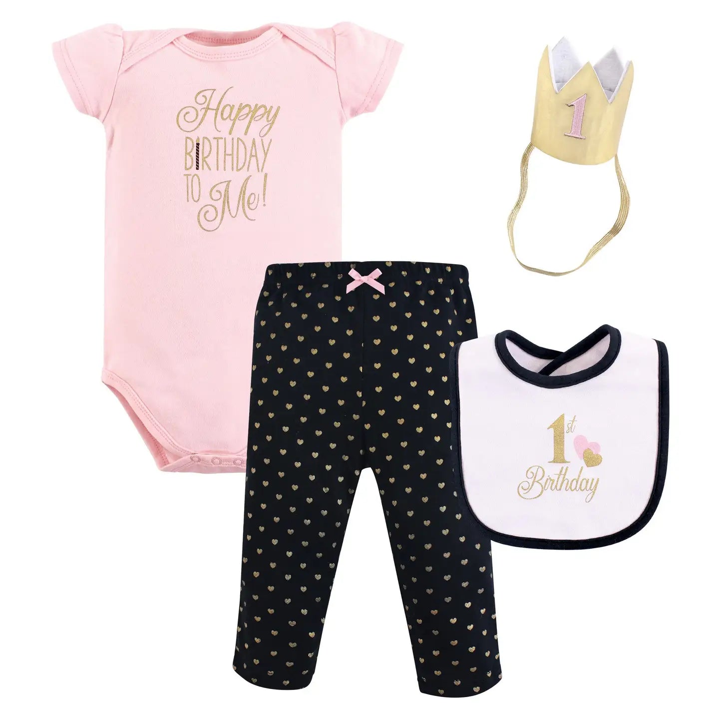 Baby birthday outfit with pink onesie, black pants with gold hearts, bib, and crown on a white background.